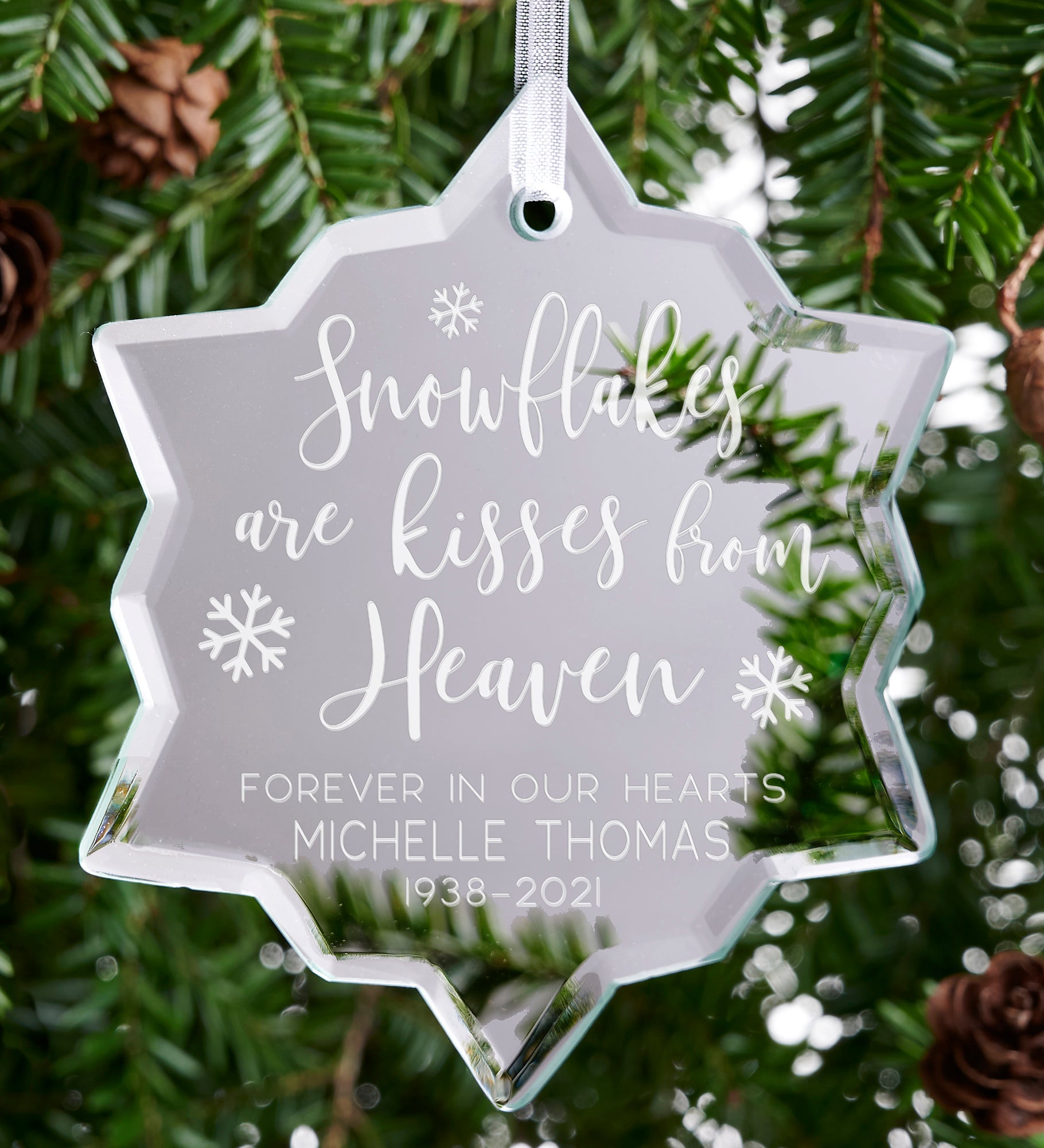 Snowflake Kisses From Heaven Personalized Memorial Mirror Ornament